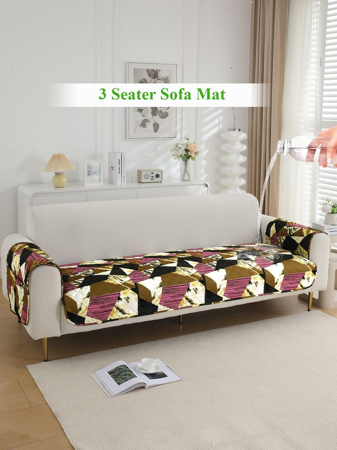 HOKIPO Wine Printed Waterproof Sofa Mat for 3-Seater with 2 Armrest Covers with Pockets