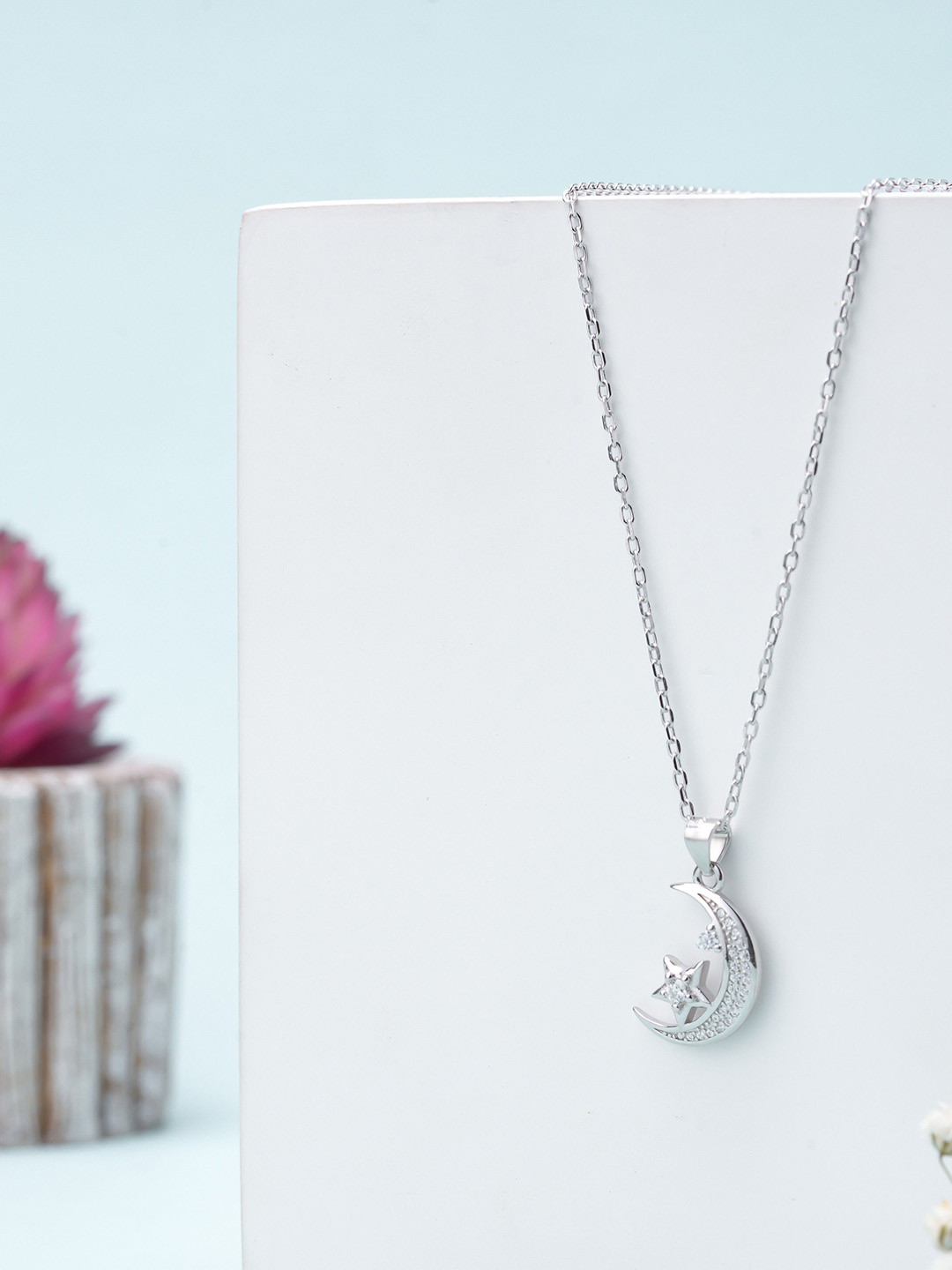 LIORA 925 Silver Jewellery Sterling Silver Rhodium-Plated CZ Studded Moon Pendant & Chain