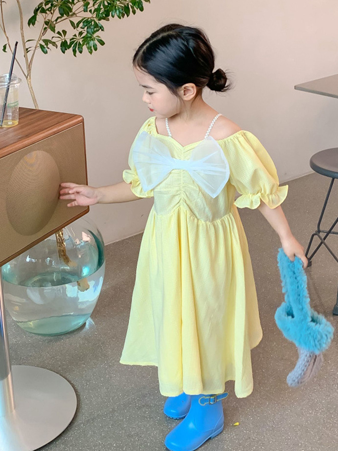 LULU & SKY Girls Yellow Strappy Shoulder Bow & Ruched Detail Fit & Flare Dress