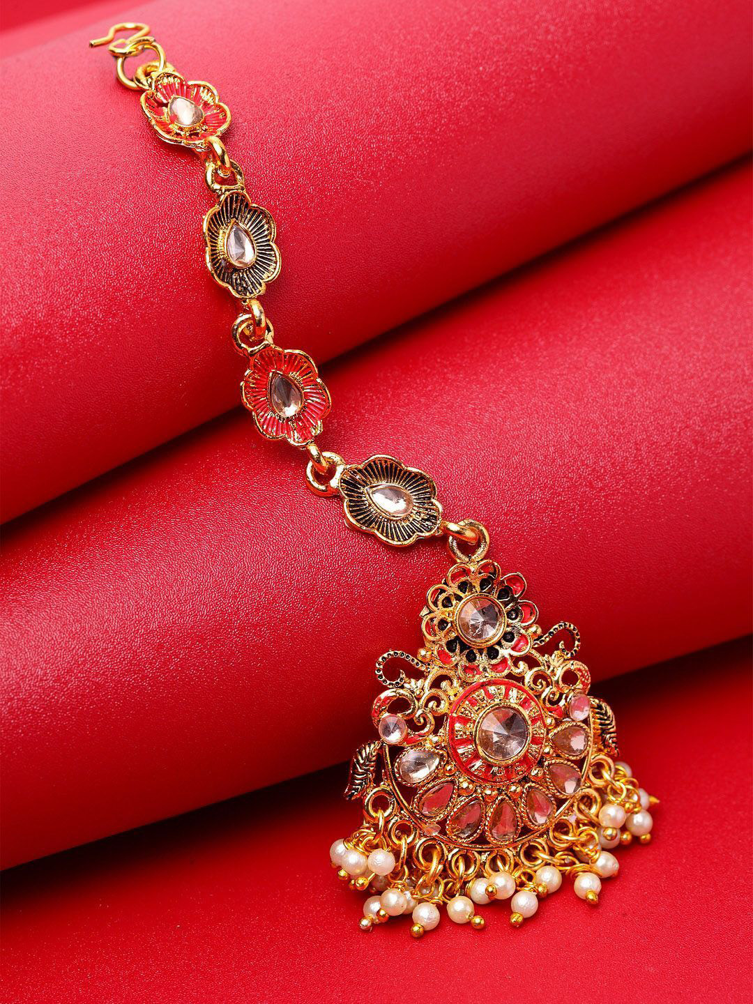 Anouk Gold-Plated Kundan Stone Studded & Pearls Beaded Ganthan Enamelled Maang Tikka