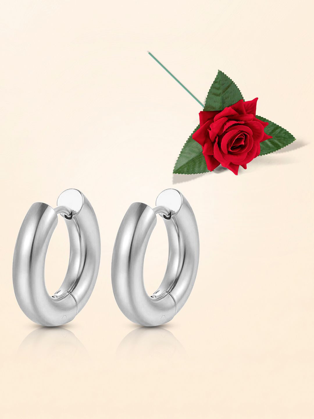 Peora Stainless Steel Silver-Plated Circular Shaped Hoop Earrings With One Rose