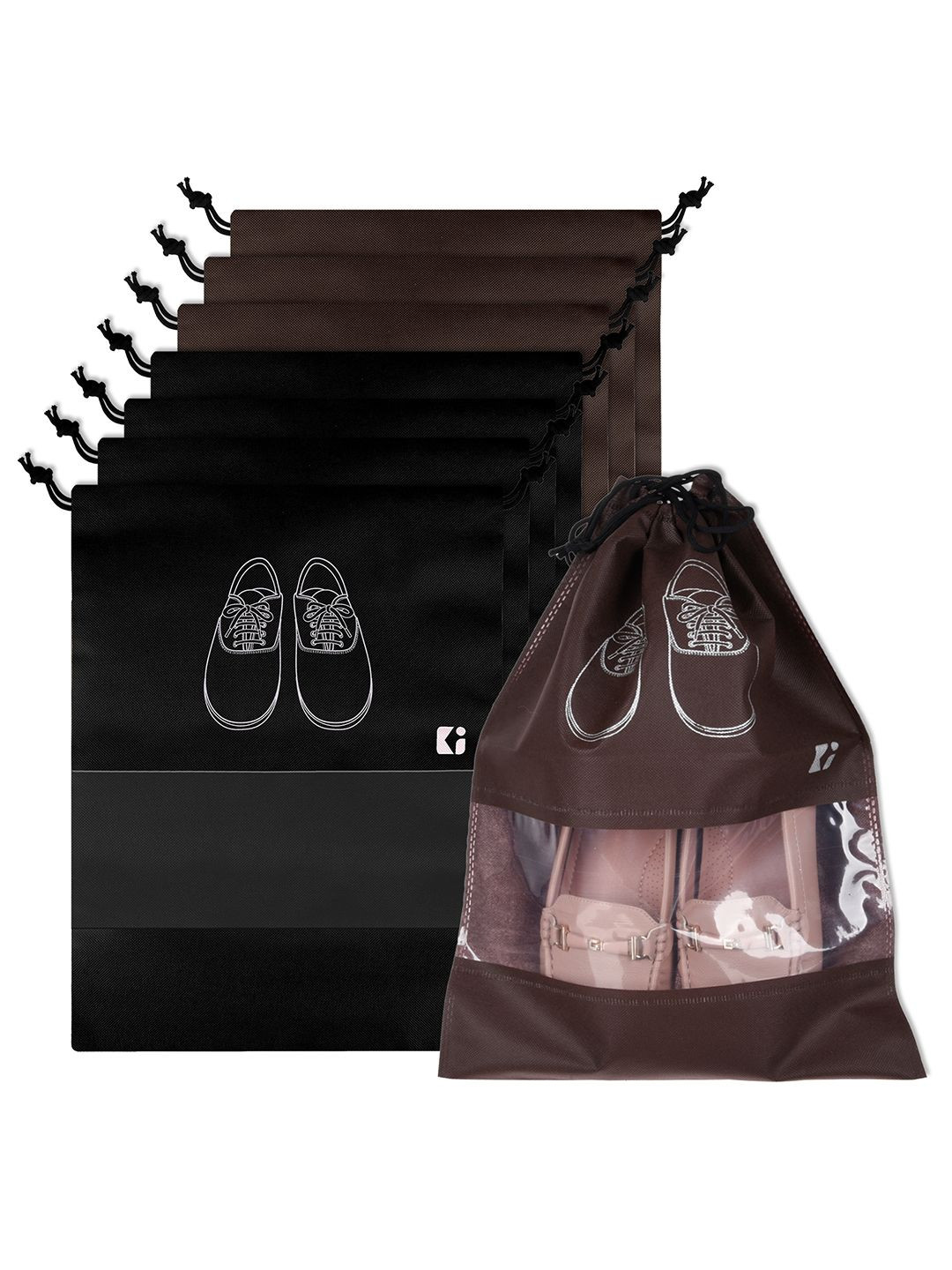Kuber Industries 8 Pieces Black and Coffee Brown Printed Travel Shoe Storage Cover Bag