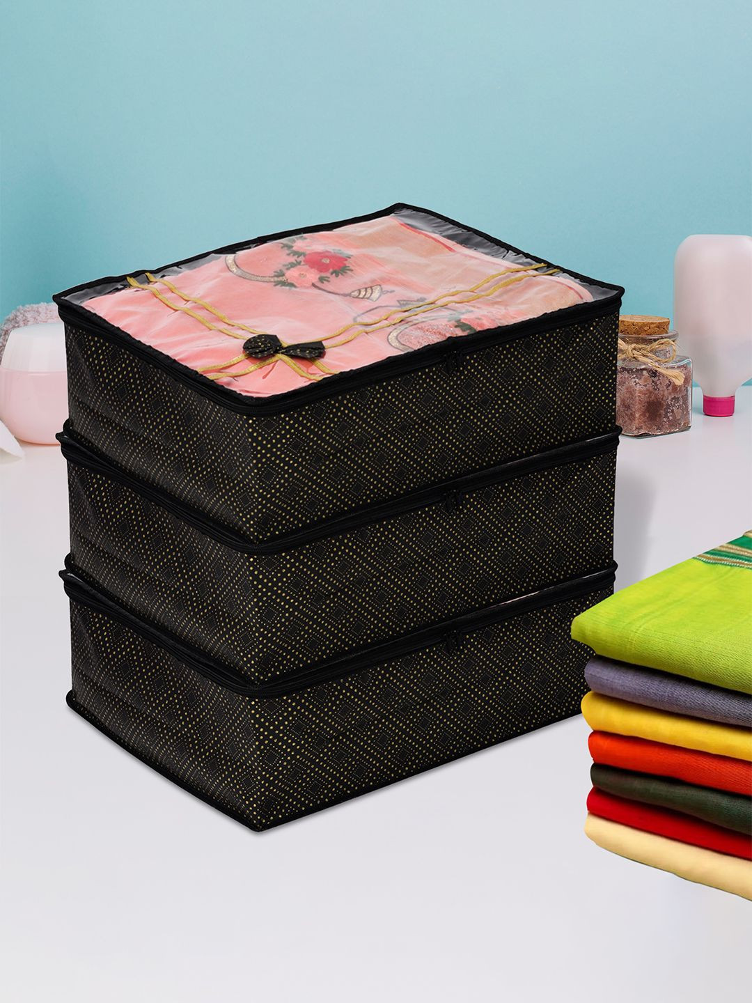 Kuber Industries Black Pack of 3 Dot Printed Top Visible Window Multi-Utility Organisers