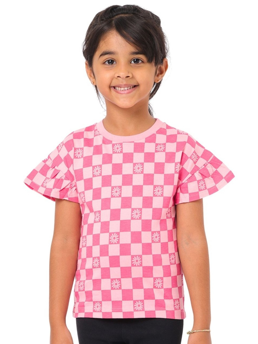 Nuego Kids Girls Checked Pattern Bio Finish Round Neck Half Sleeve Cotton T-shirt