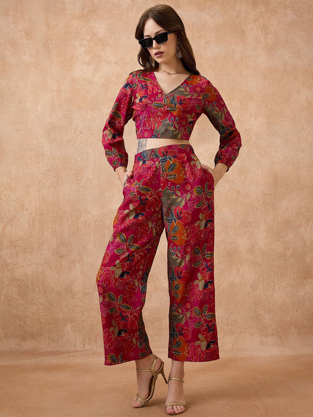 Globus V-Neck Floral Print Crop Top with Wide Leg Pants Fusion Co-Ord Set