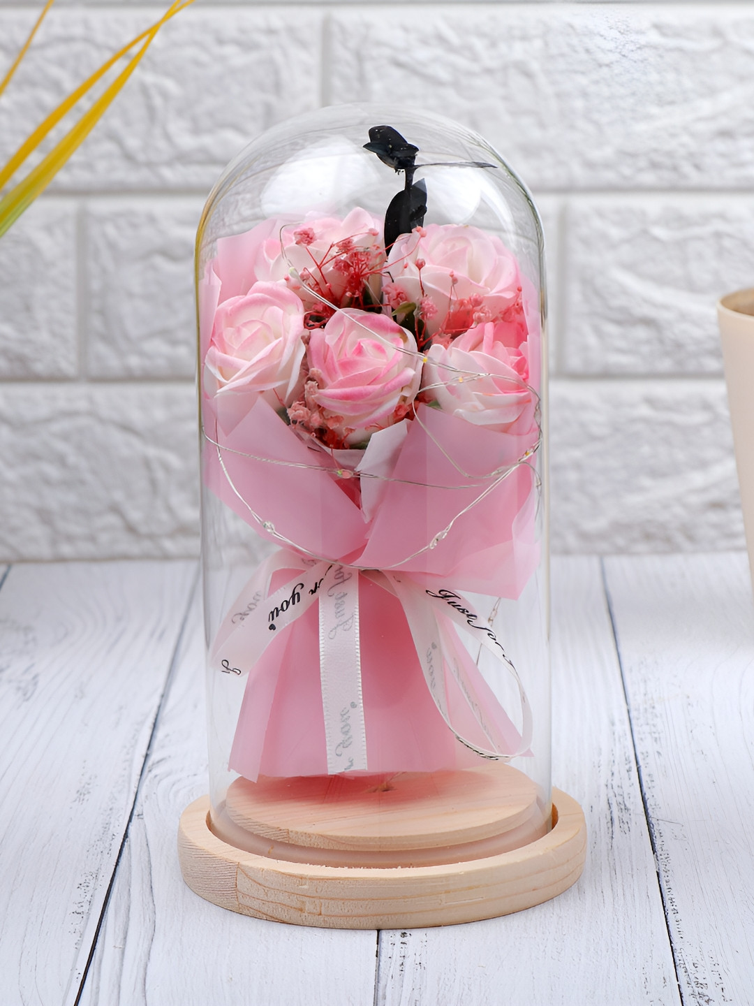 Archies Roses Led Pink Glass Glossy Living Room Medium Showpiece - 2.8 Inches