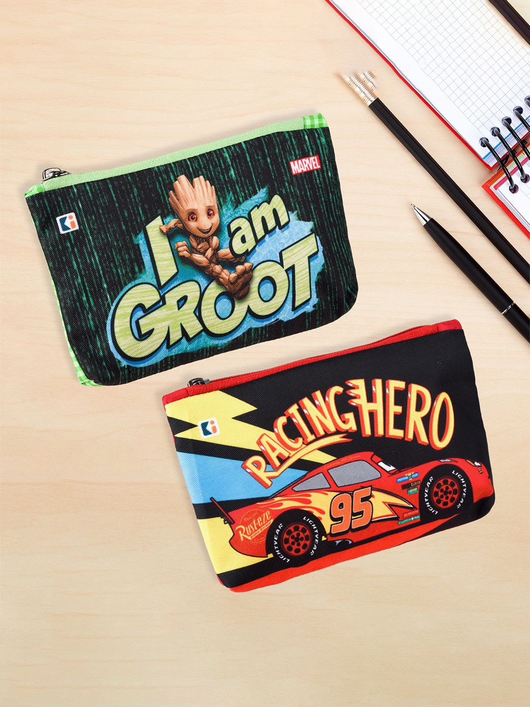 Kuber Industries Green & Red Pack of 2 Printed Square Pencil Pouch for Kids with Zipper