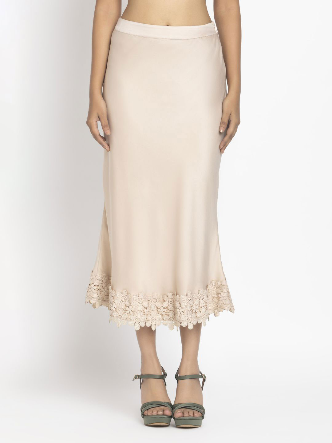 SHAYE  Women Beige Bias Solid A-line Casual Skirts