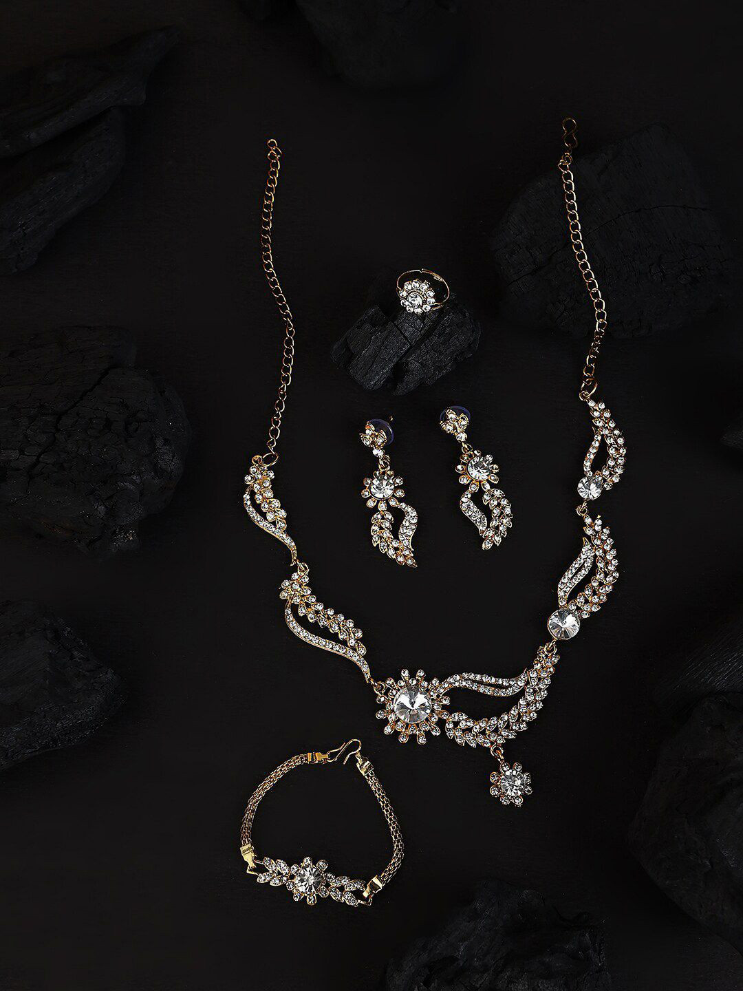 Anouk Gold-Plated Artificial Stones-Studded Necklace And Earrings With Bracelet And Ring