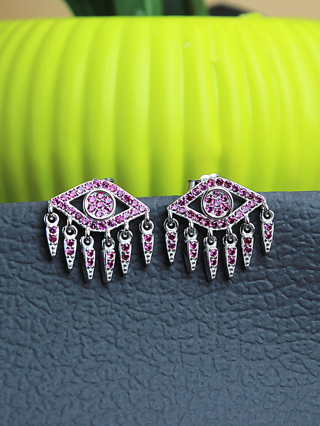 DEVASHREE 925 Silver Rhodium-Plated Ruby CZ Studded Evil Eye Quirky Shaped Studs