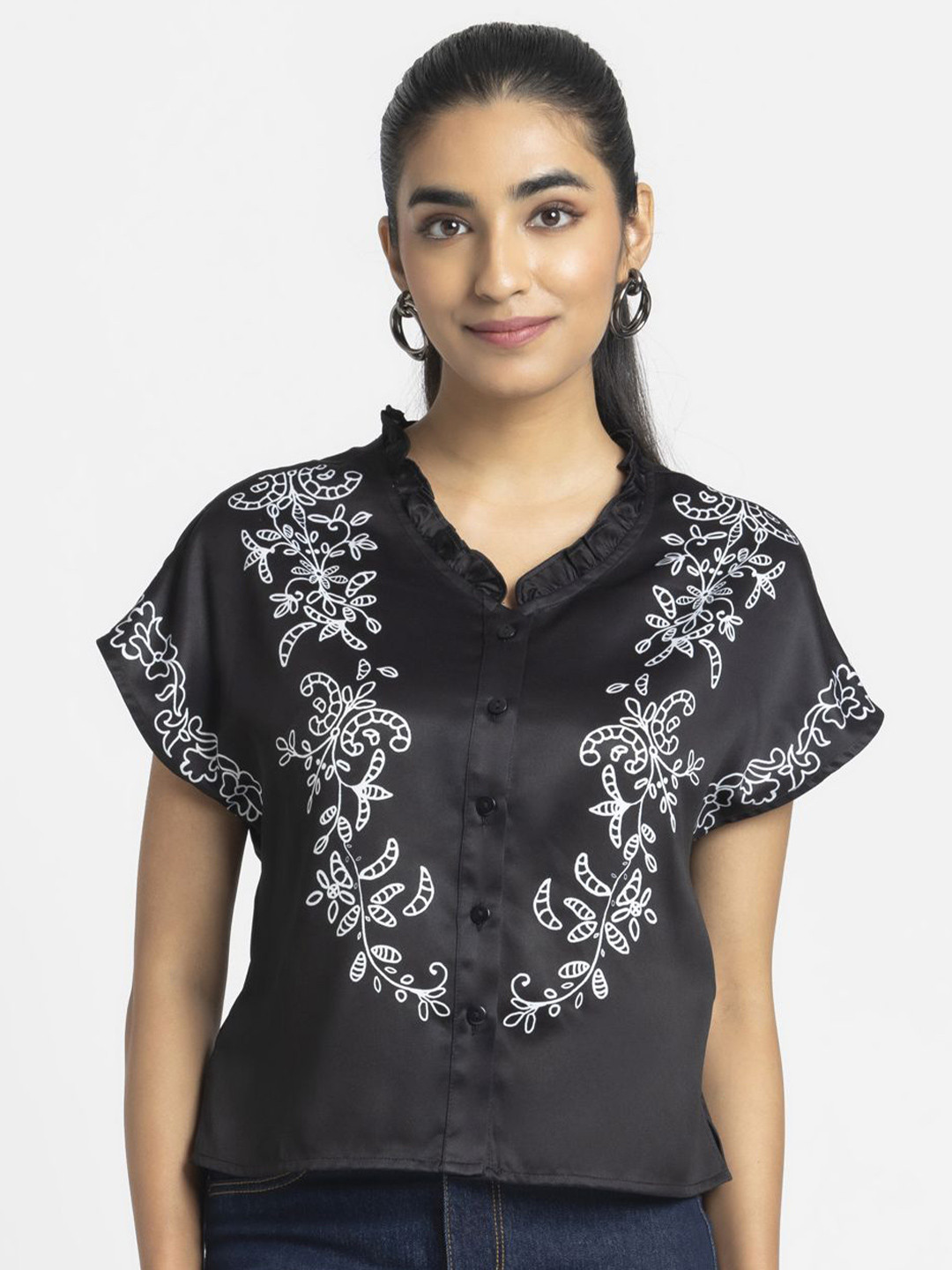 SHAYE Women Black V-Neck Printed Short Sleeves Casual Tops