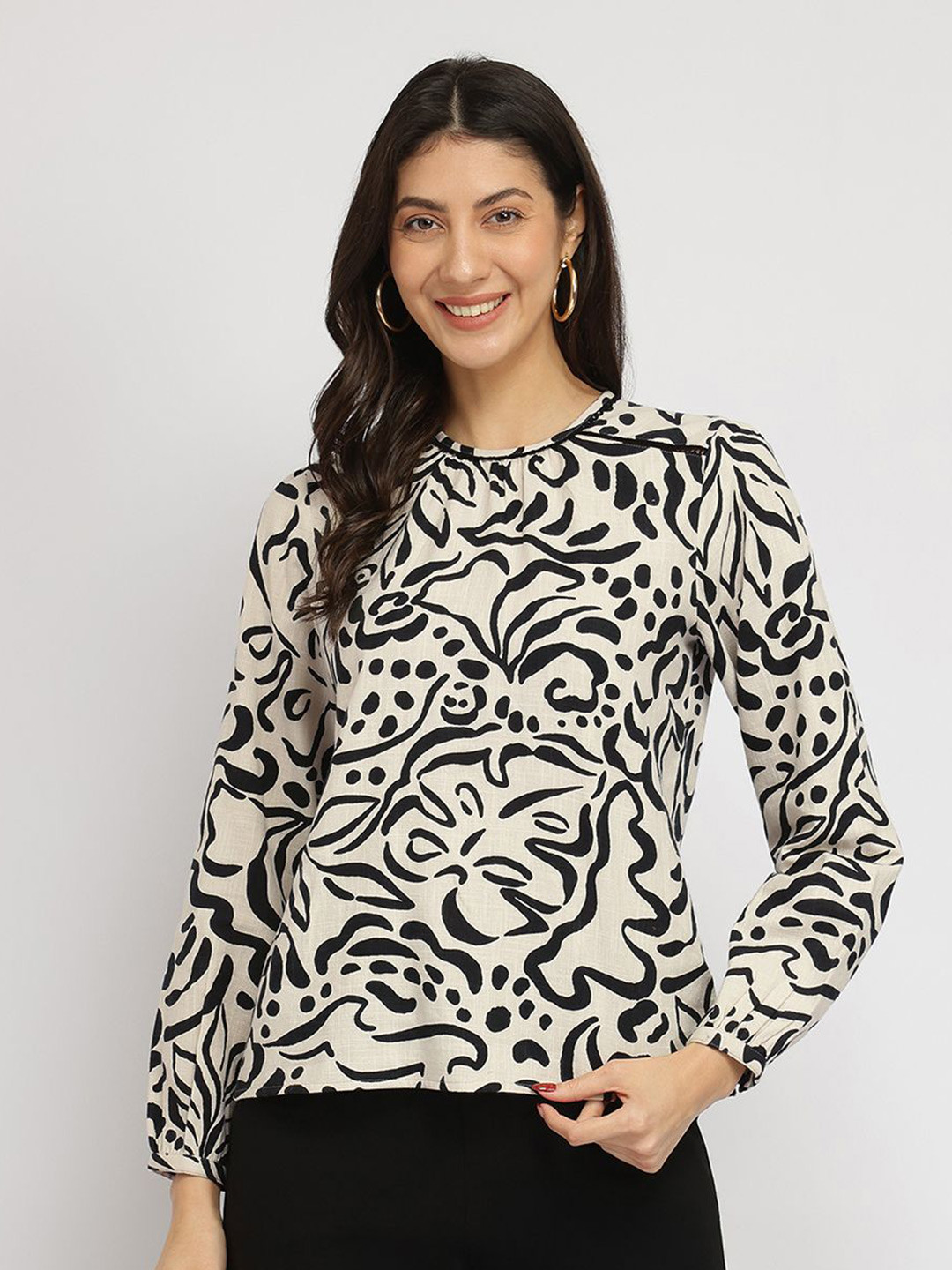 FableStreet Women Cotton Blend Abstract Print Top Black