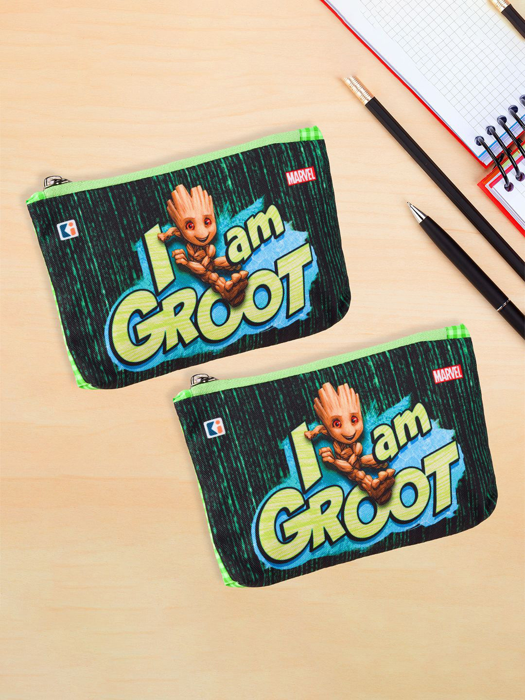 Kuber Industries Green & Yellow Pack of 2 Marvel I am Groot Zipper Pencil Pouch for Kids