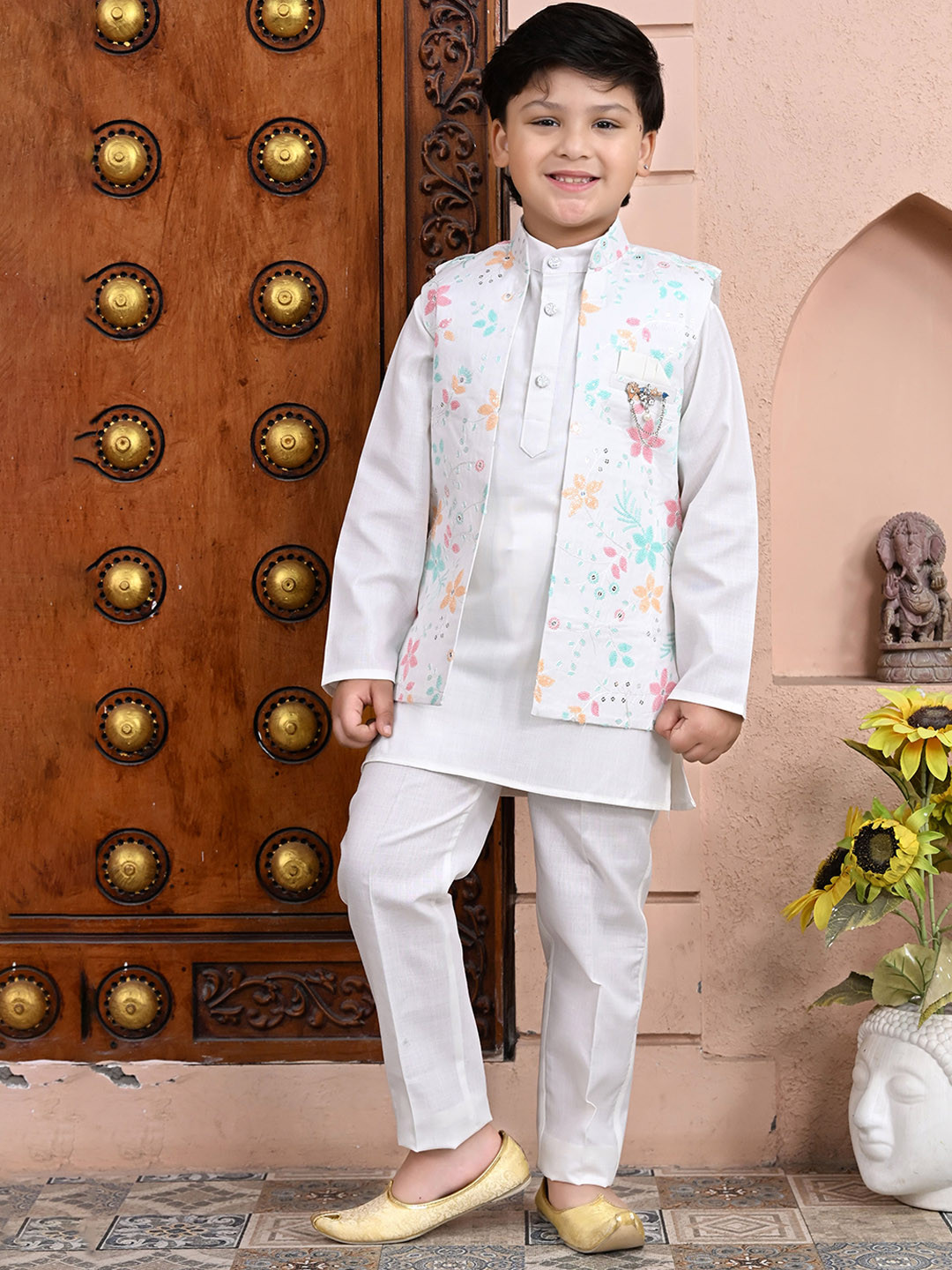 BT DEZINES Boys Band Collar Straight Kurta With Pyjamas And Jacket