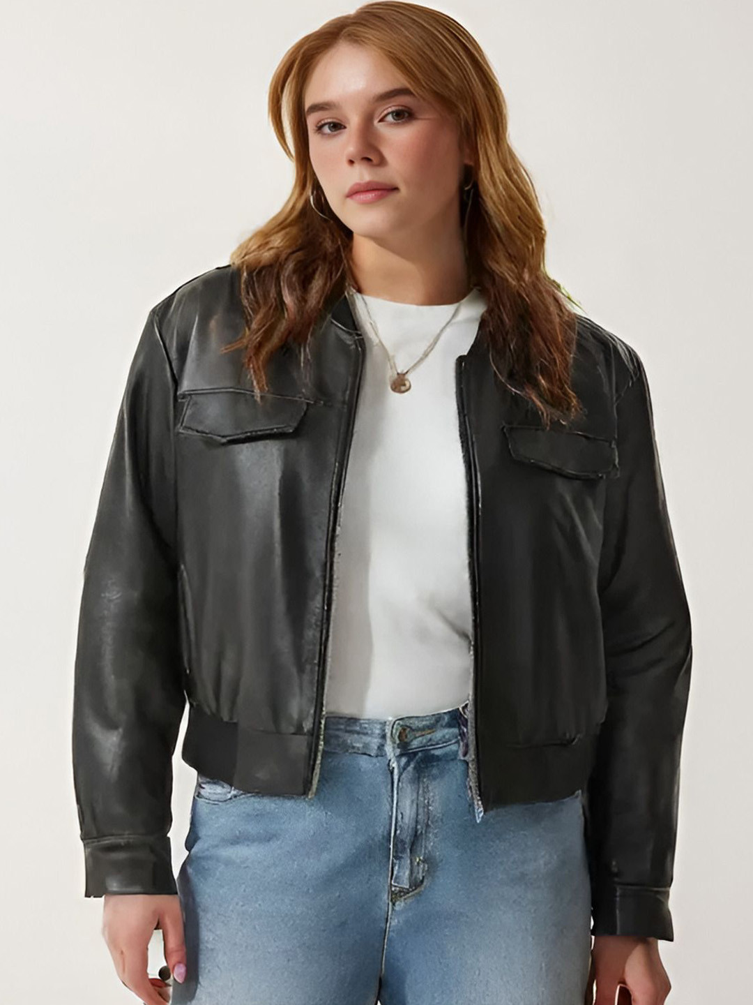 Shiv traders collection Women Solid Long Sleeves Leather Jacket