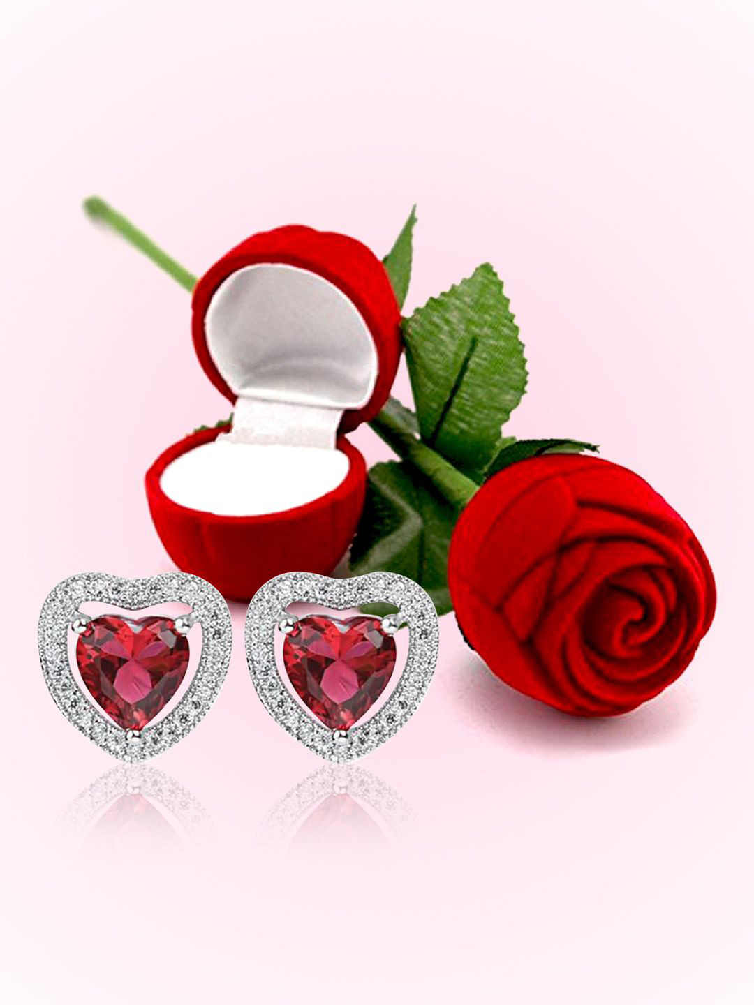 Peora Silver-Plated Crystals And Solitaire Studded Heart Shaped Studs With Red Rose Box