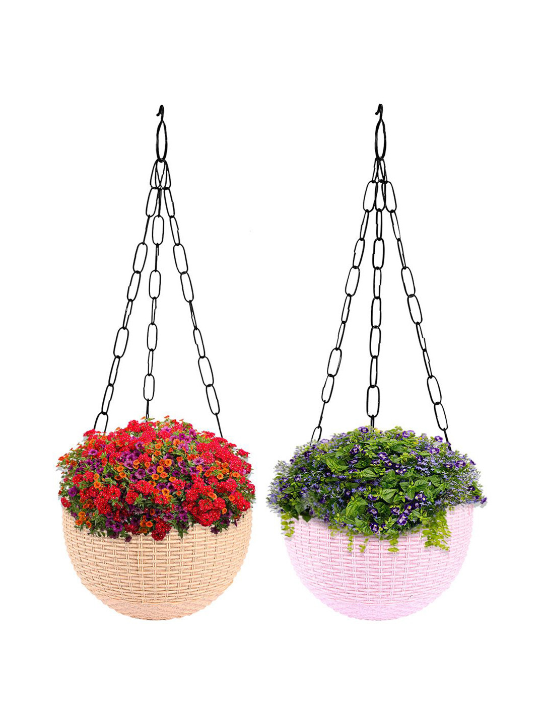Kuber Industries Beige & Pink 2 Pieces Textured Round Marble Euro Hanging Planters