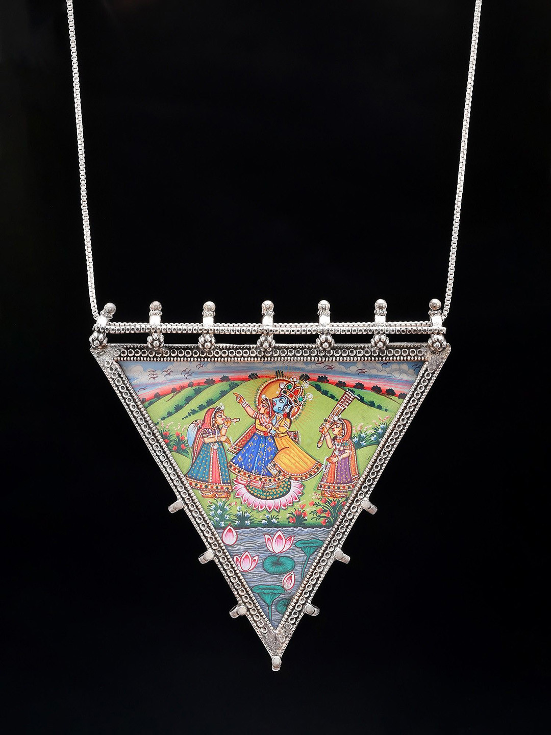 Exotic India Triangle Shape Hand-Painted Radha Krishna Pendant in Sterling Silver