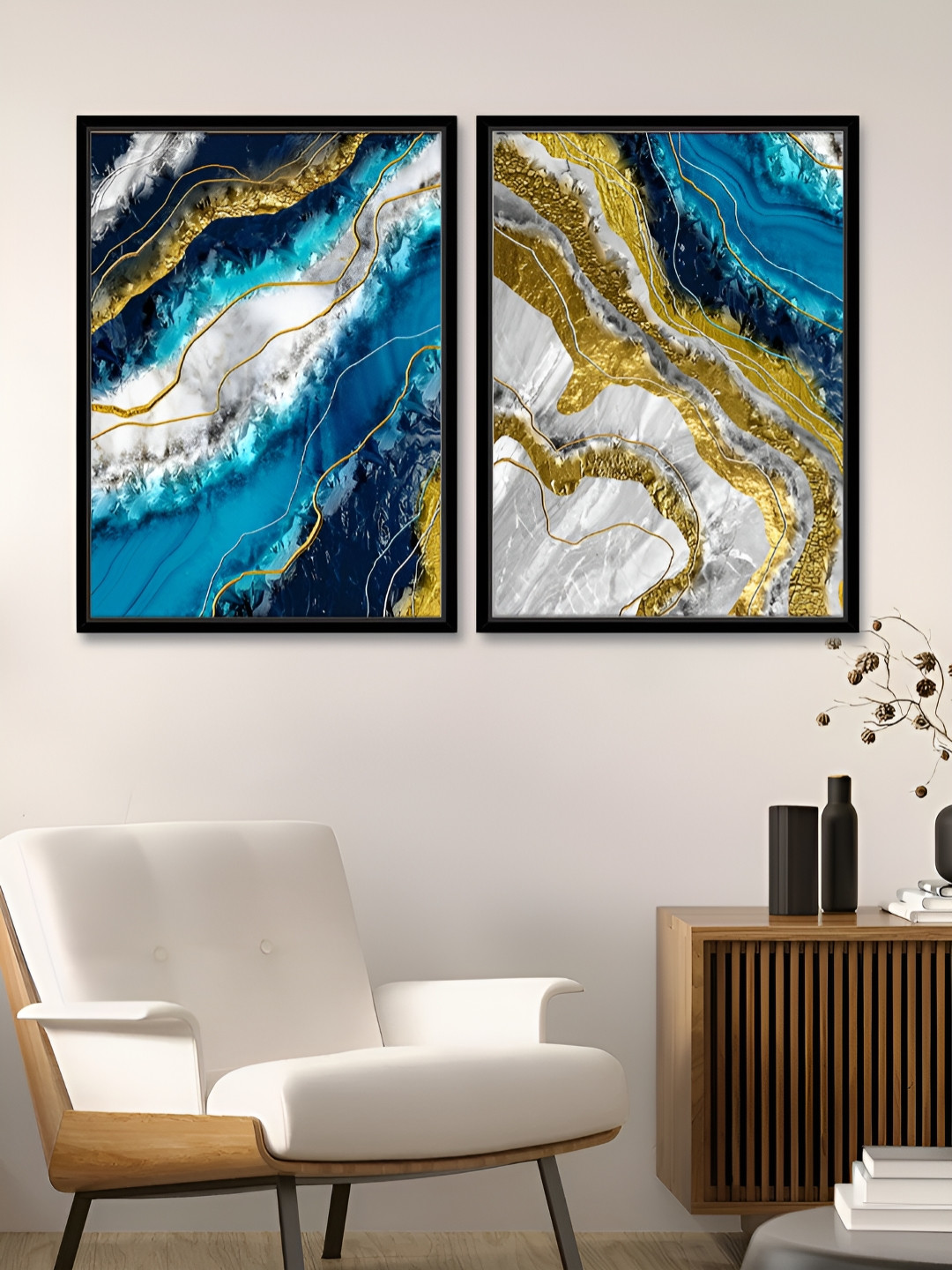 Myntra Elegant Homes Blue & White 2 Pieces Abstract Deep Sea Marble Print Canvas Wall Art