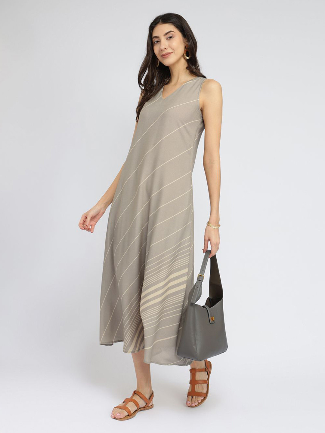 Pink Fort Women Rayon Striped Sleeveless  A-Line Midi Dress - Grey