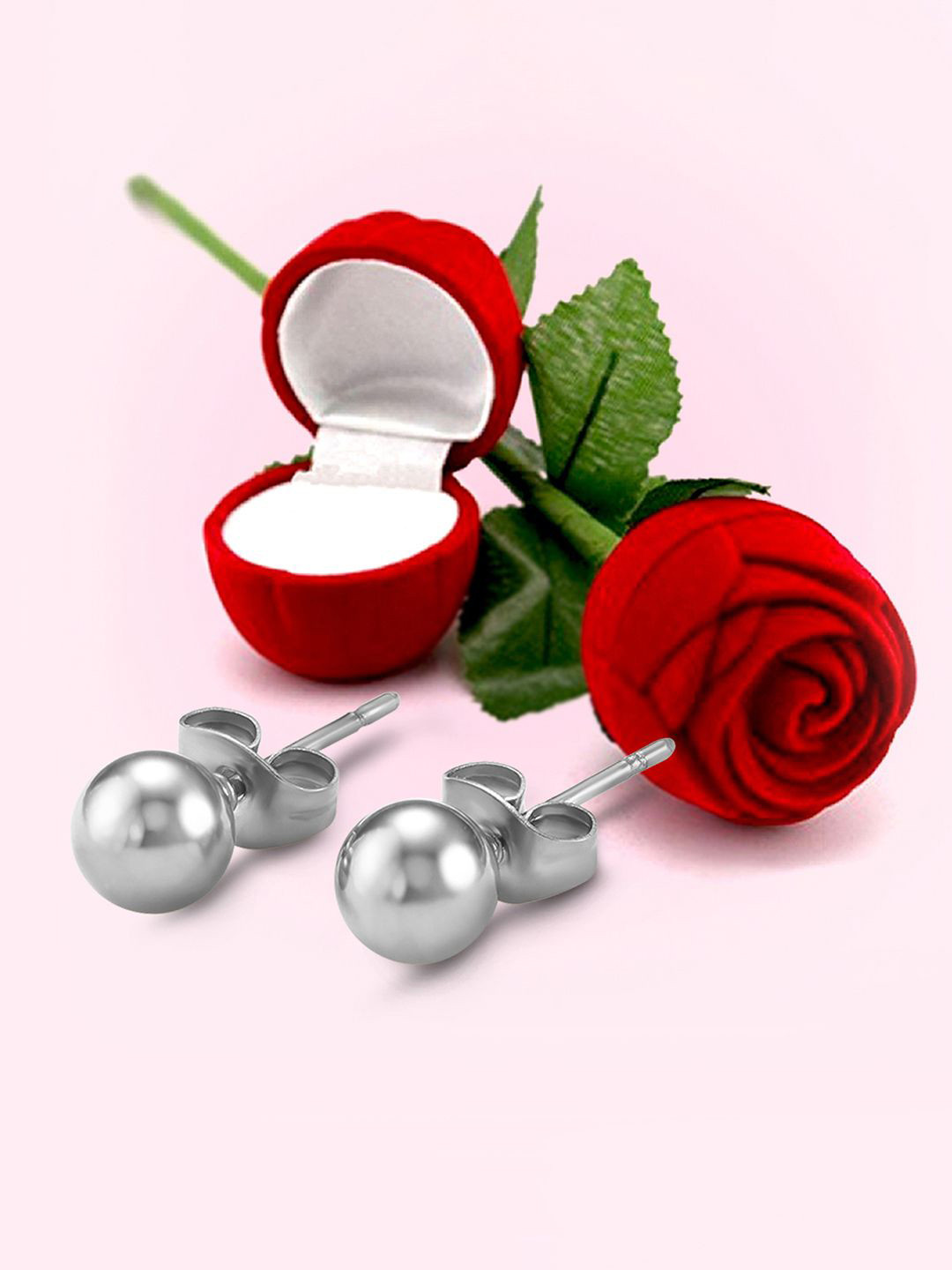 Peora Mens Stainless Steel Silver-Plated Ball Shaped Studs With Red Rose & Box Gift Set