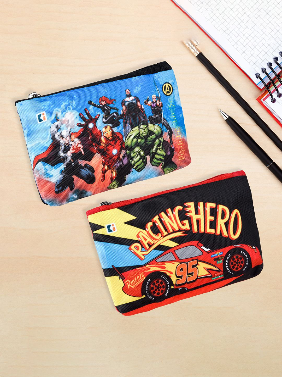 Kuber Industries Black & Red Pack of 2 Printed Square Pencil Pouch for Kids with Zipper