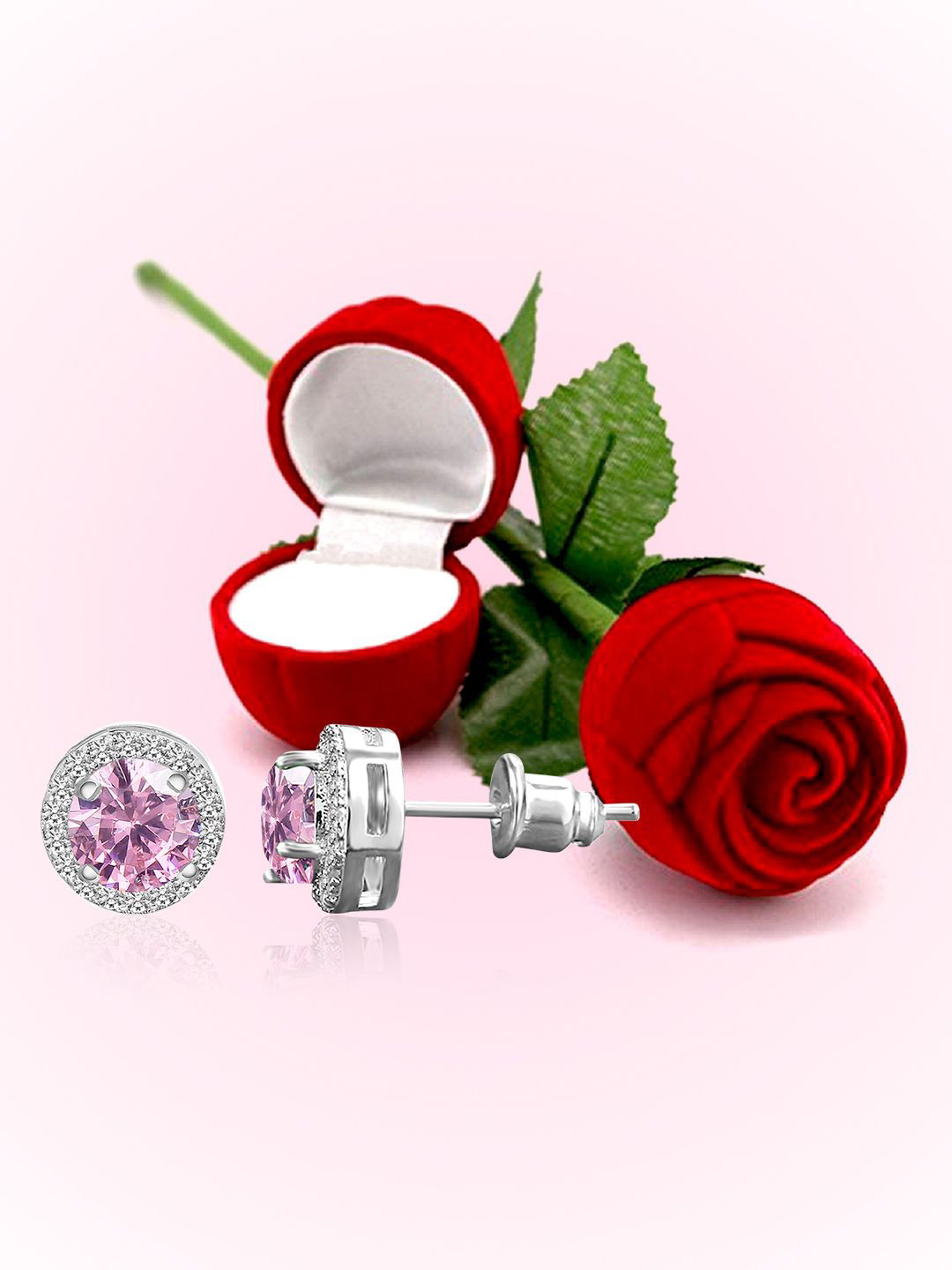 Peora Silver-Plated Cubic Zirconia Studded Circular Studs With Rose Jewellery Box