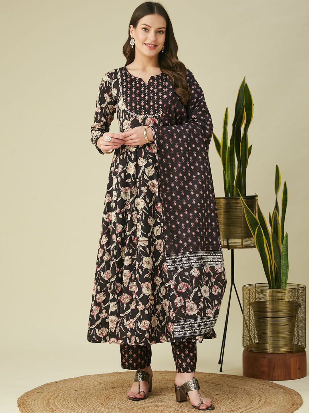 Colors of Earth Floral Printed Pleated Pure Cotton Anarkali Kurta With Trousers & Dupatta
