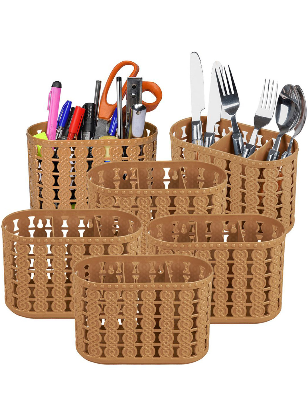 Kuber Industries Beige Pack of 6 Self Design Stationery Organizer With 3 Compartments