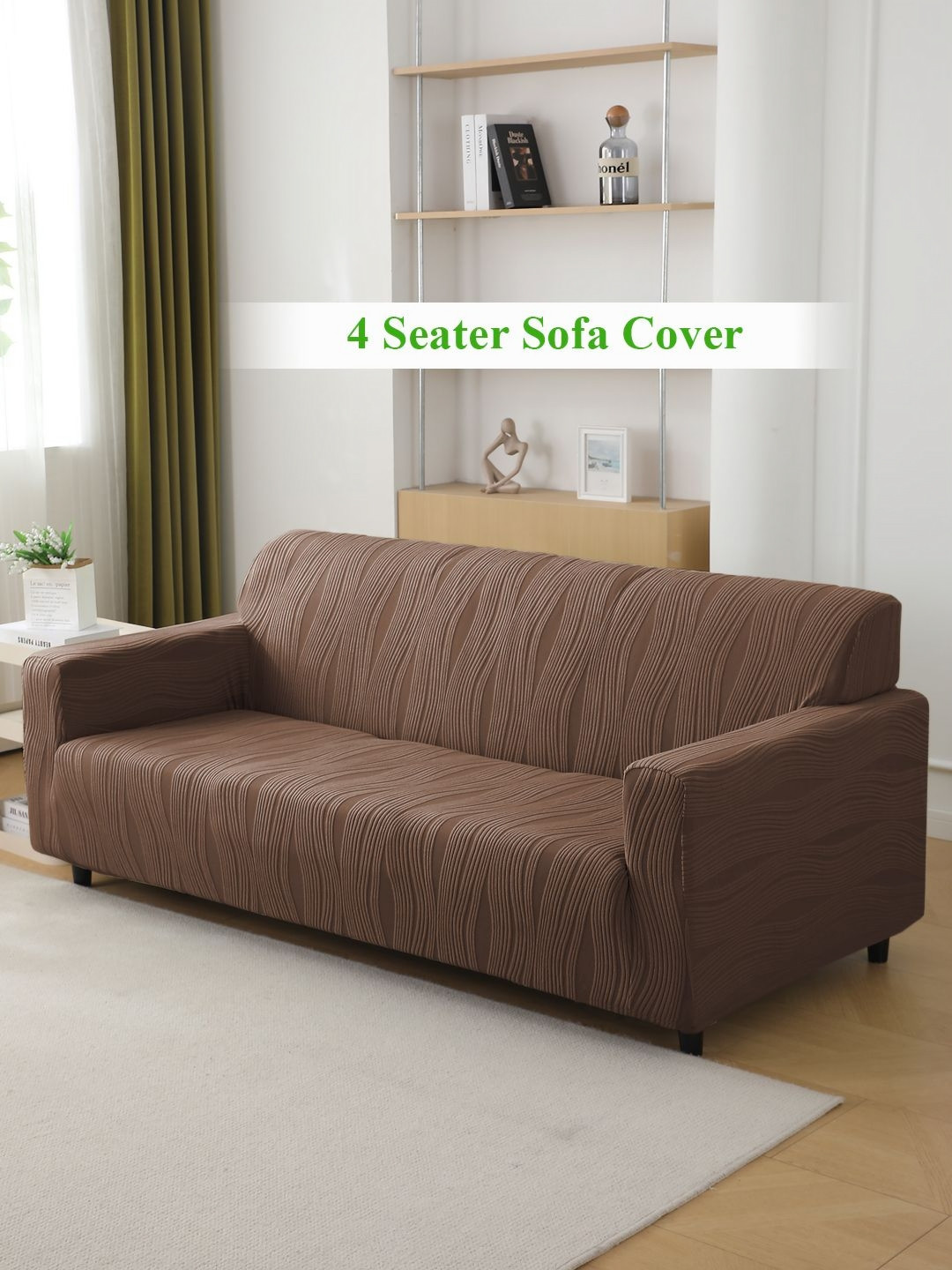 HOKIPO Chocolate Brown Fully Covered 200 GSM Knitting Jacquard 4 Seater Sofa Cover