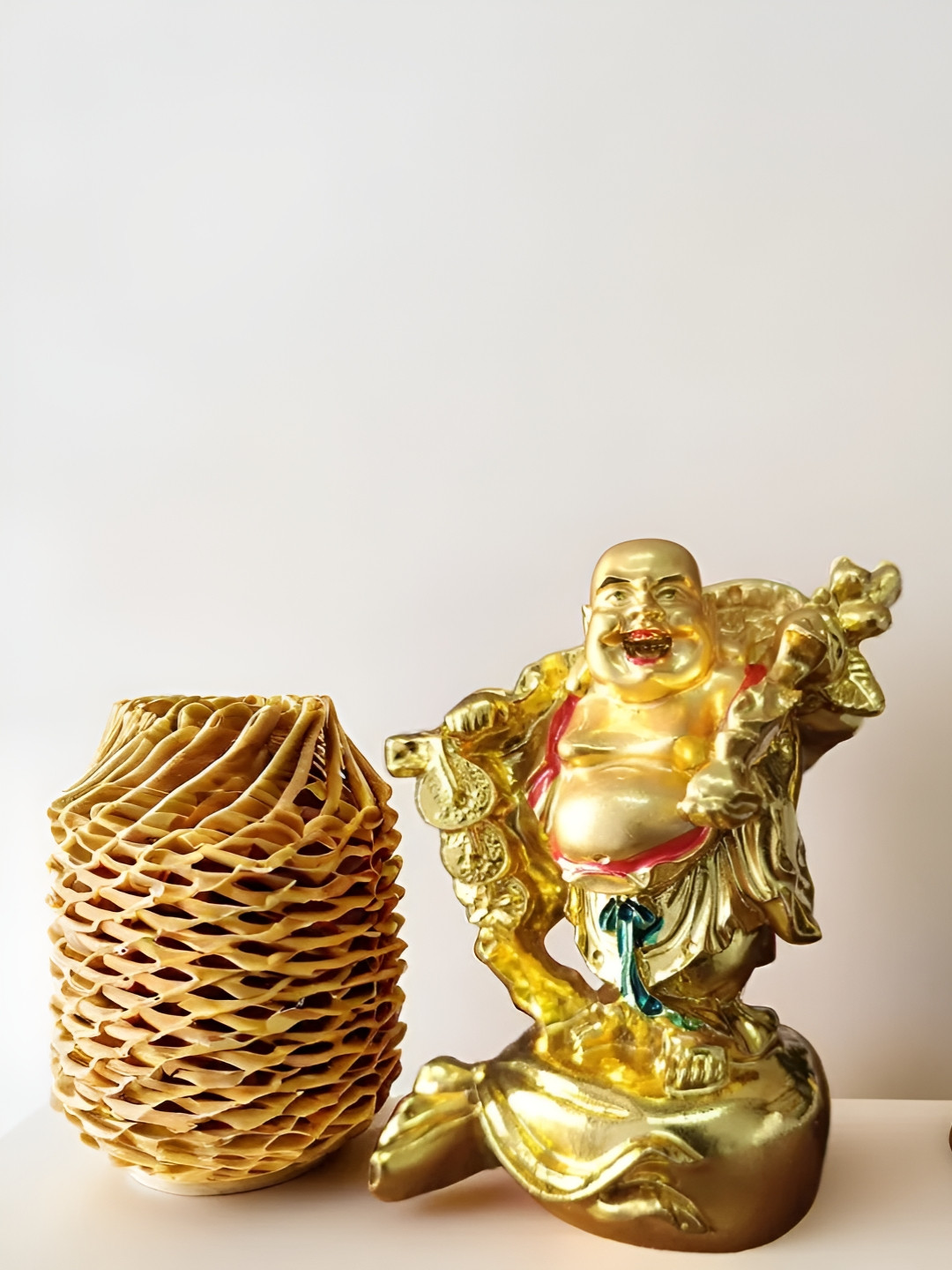 SANKALAN CREATIONS Laughing Buddha Gold Marble Glossy Living Room Large Showpiece - 2.4 Inches