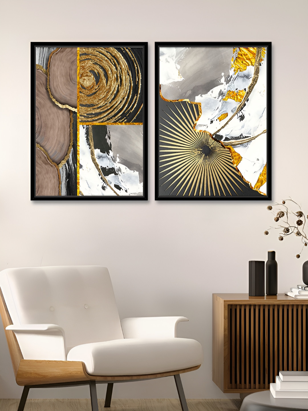 Myntra Elegant Homes White & Black 2  Piece Abstract Printed Canvas Wall Arts