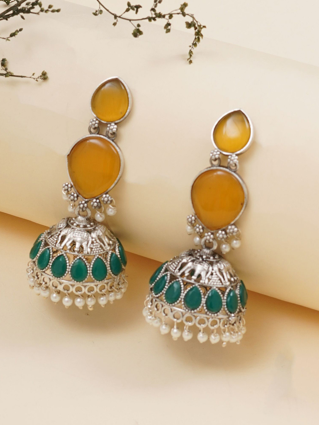 JEWILLEY Parnika Silver-Plated Artificial Stones Studded & Beaded Oxidised Jhumkas