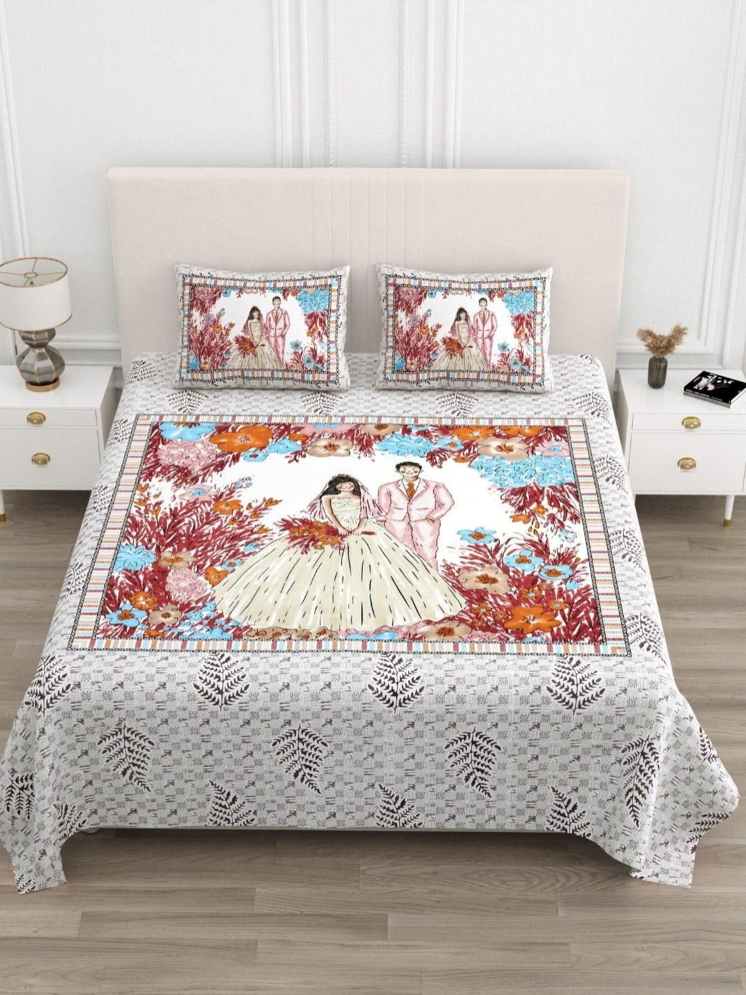 BED-SHEET.COM Red Floral Cotton 210 TC King Fine Bedsheet with 2 Pillow Covers-645 x 695 cm