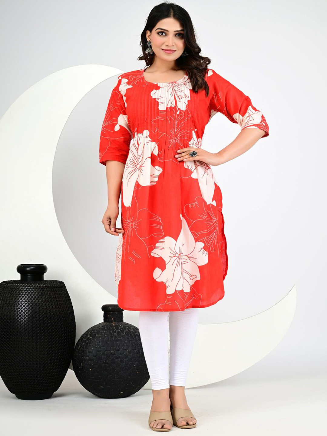 Divsy Fashion Floral Printed Round Neck Pin Tucks Cotton Straight Kurta