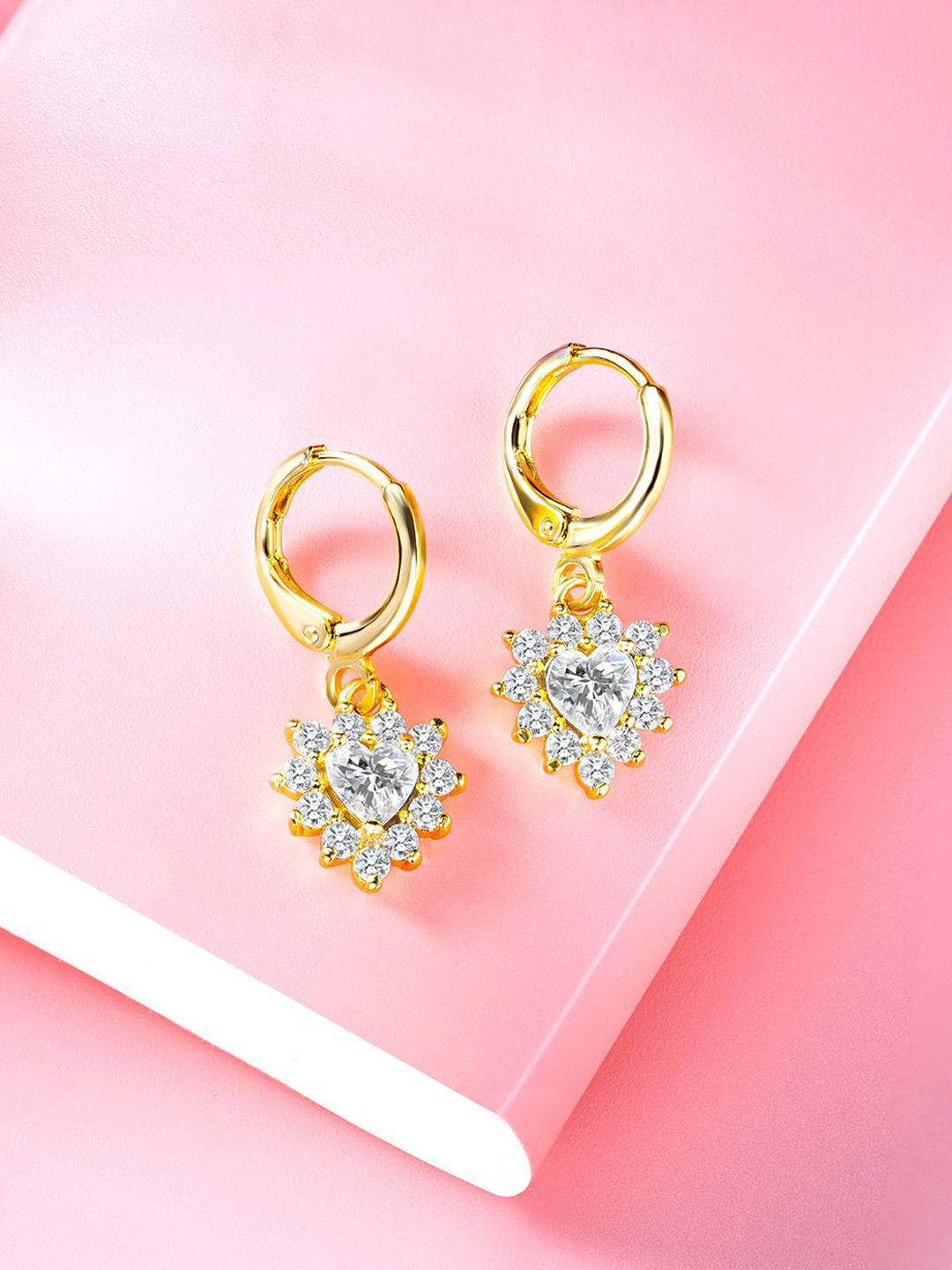 Peora Gold Plated Cubic Zirconia Studded Cotemporary Shaped Drop Earrings