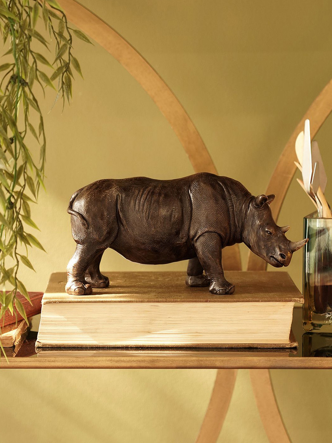 Pure Home and Living Standing Rhinoceros Brown Polyresin Matte Home Office Medium Showpiece - 3.2 Inches