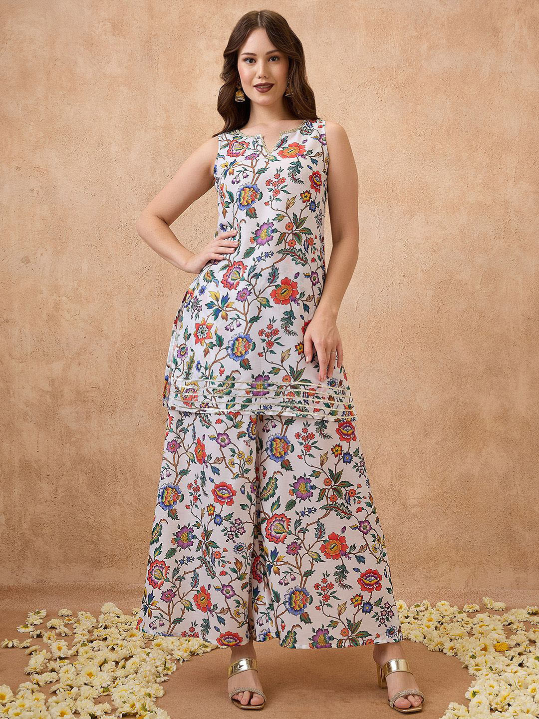 Globus Round Neck Floral Print Lace Insert Tunic with Palazzos Festive Co-Ord Set