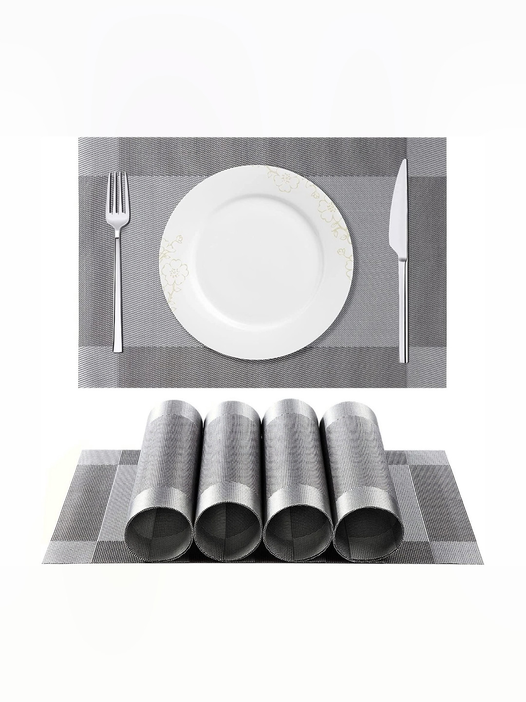 Baskety Grey & Black 6 Pieces Rectangular Shaped Washable Table Placemats