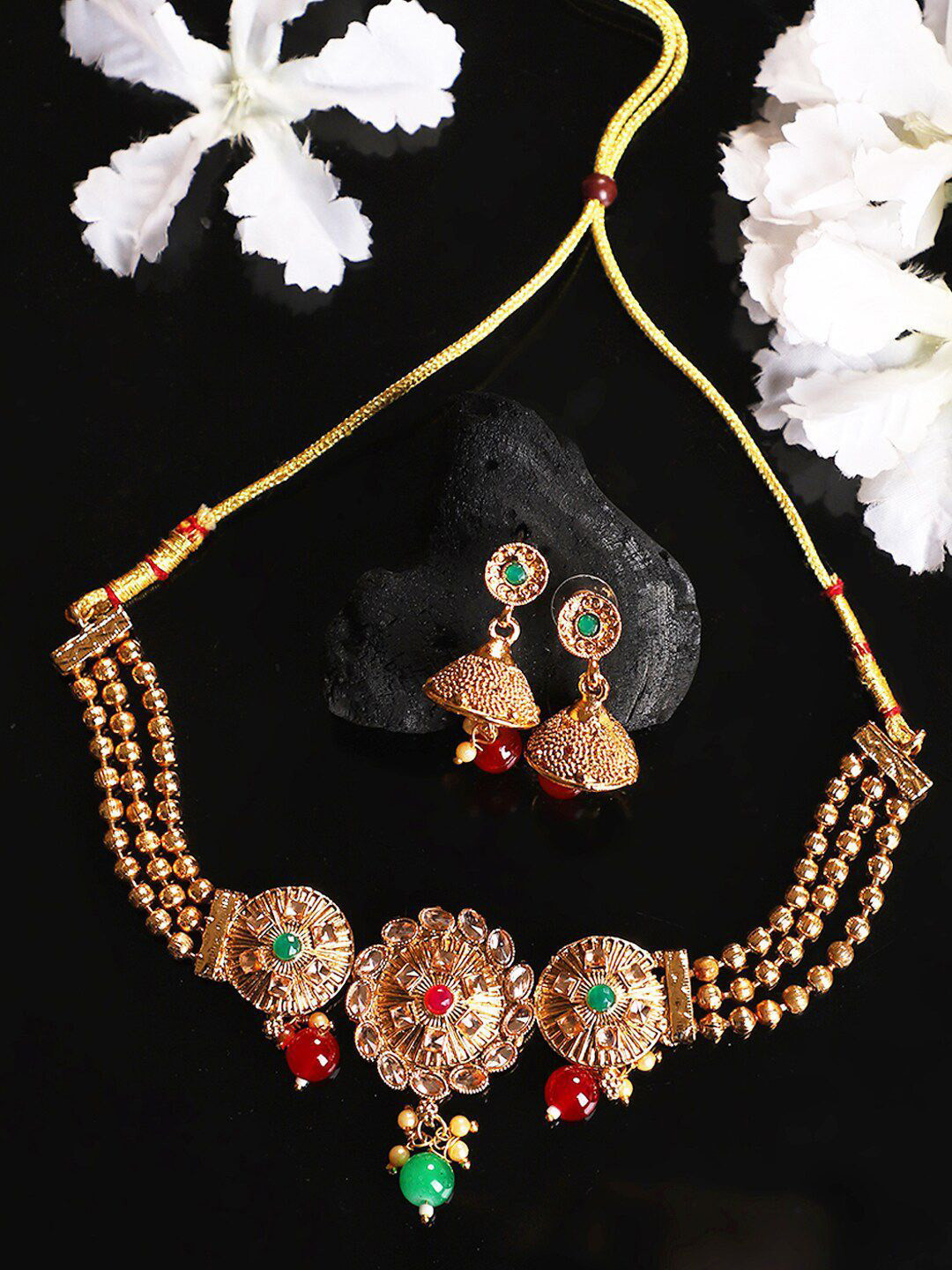 Anouk Gold-Plated And Red Artificial Stones Studded & Beaded Necklace And Earrings