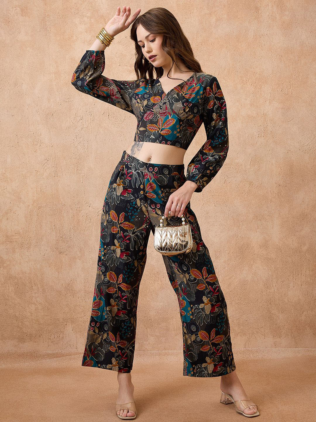 Globus V-Neck Floral Print Crop Top with Wide Leg Pants Fusion Co-Ord Set