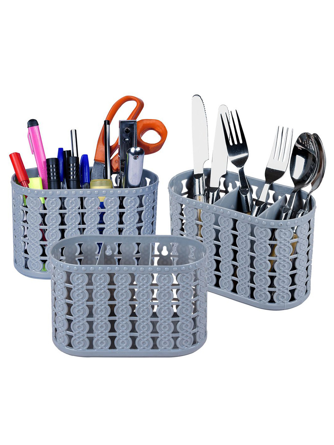 Kuber Industries Grey Pack of 3 Self Design Stationery Organizer With 3 Compartments