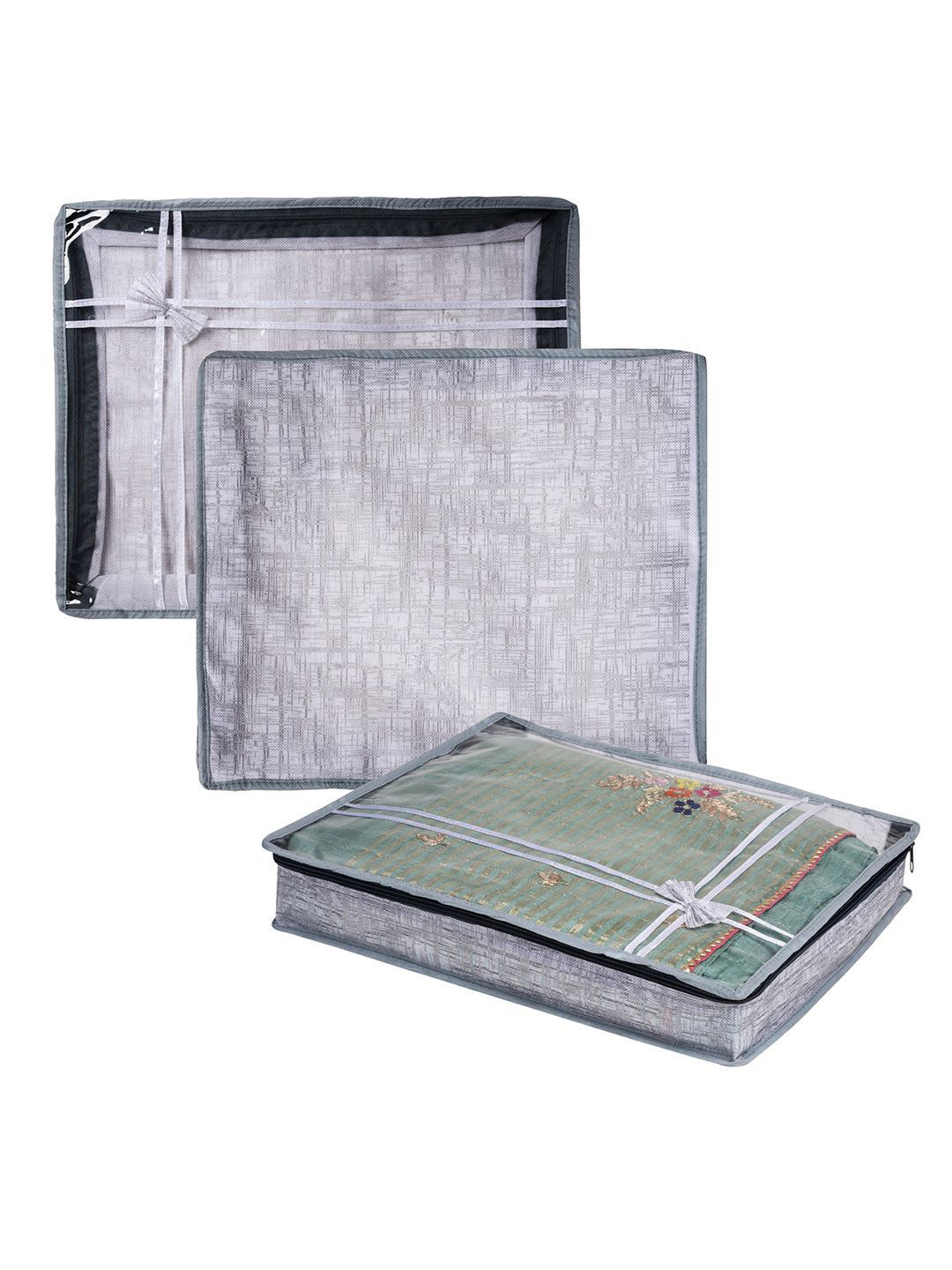 Kuber Industries Grey & White Pack of 3 Bow Jute-Printed Top Visible Window Organisers