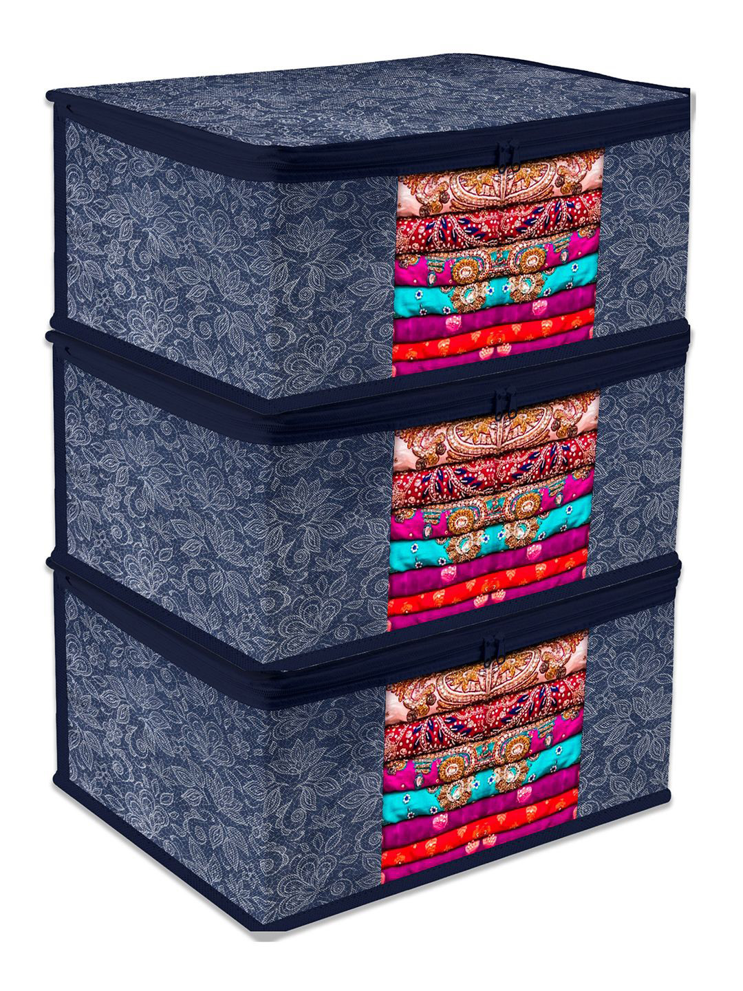 Kuber Industries Blue & White Pack of 3 Flower Printed With Visible Window Organisers