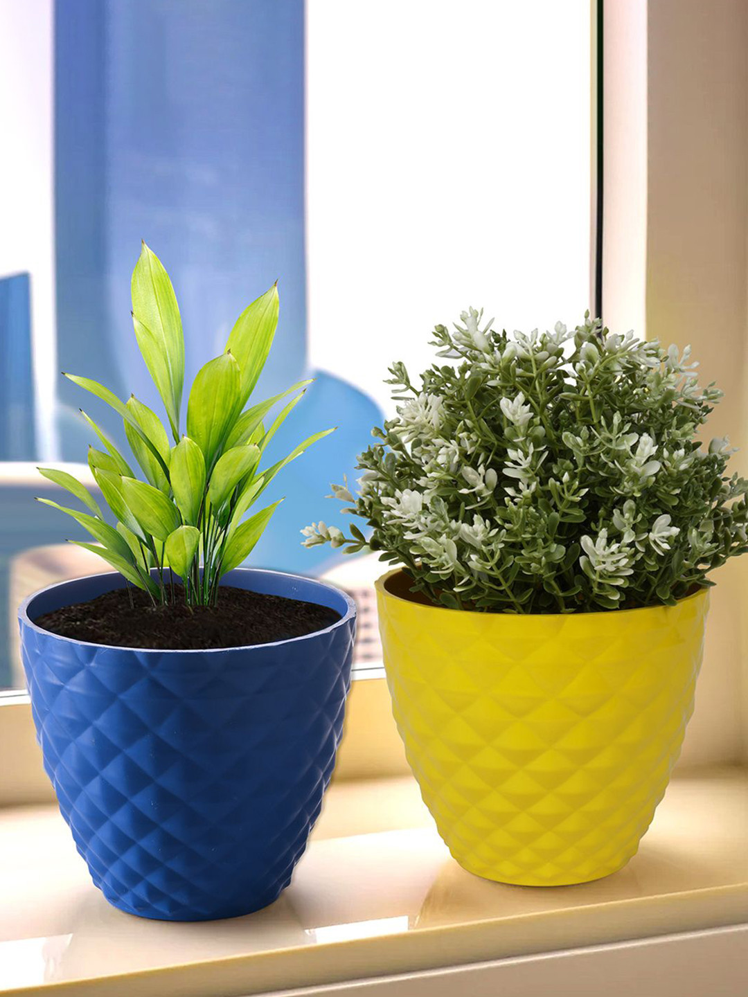 Kuber Industries Blue & Yellow 2 Pieces Diamond Textured Round Planters