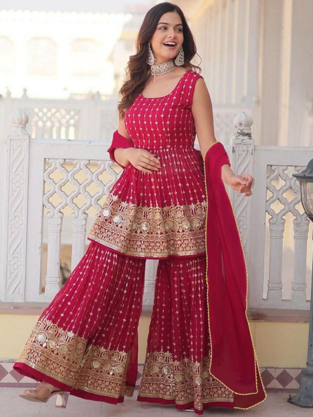 Moda Rapido Woven Design Round Neck Anarkali Georgette Kurti