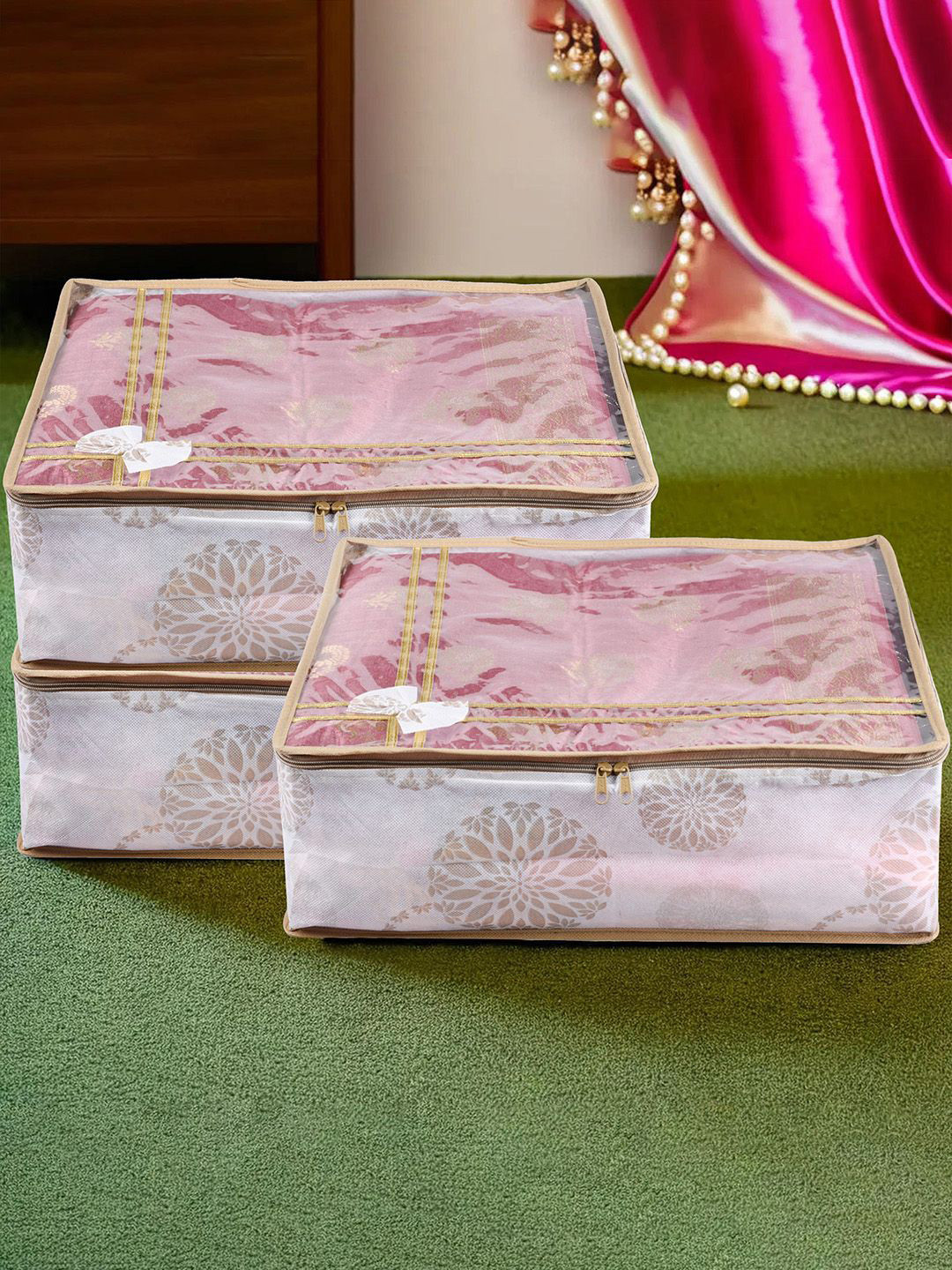 Kuber Industries White Pack of 3 Bow-Gola Printed Top Window Multi-Utility Organisers