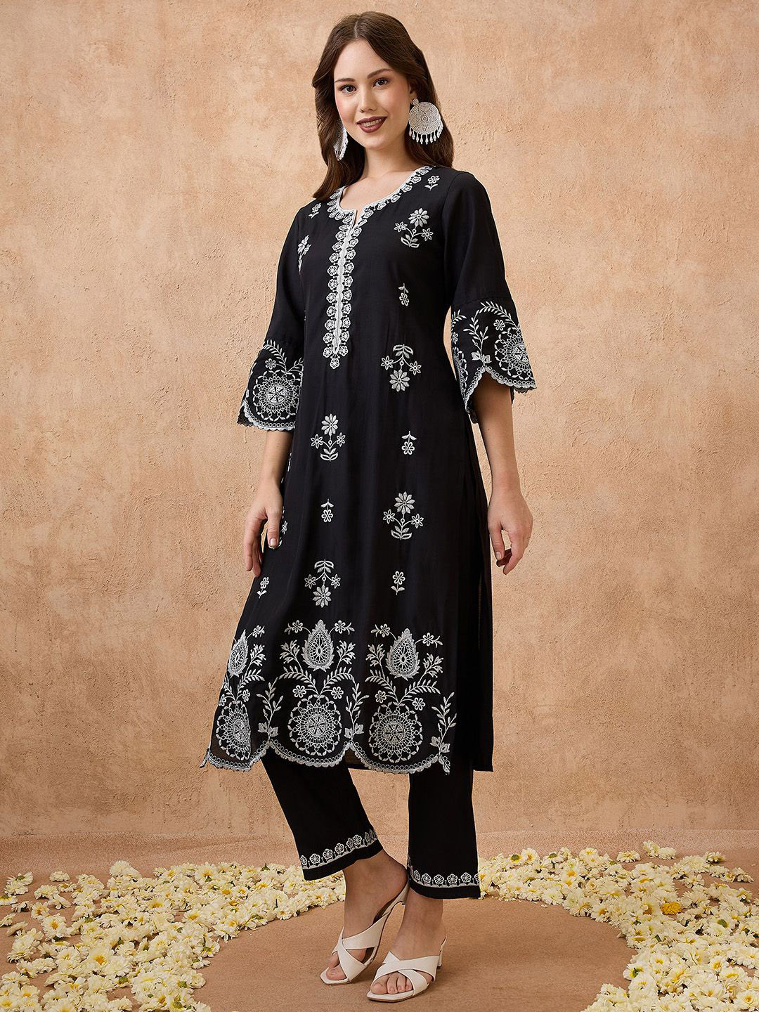 Globus Scalloped Hem Bell Sleeves Floral Embroidered Kurta & Straight Pants Festive Set