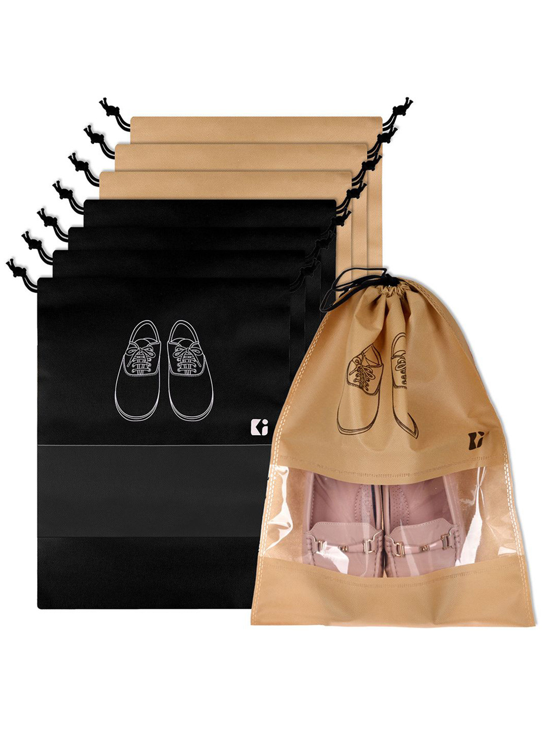 Kuber Industries Black and Beige 8 Pieces Printed Travel Shoe Storage Bag