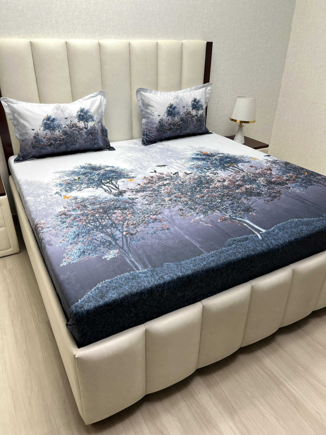 Pure Decor Majestic Blue Graphic Pure Cotton 500 TC King Superfine Bedsheet with 2 Pillow Covers-274 x 274 cm